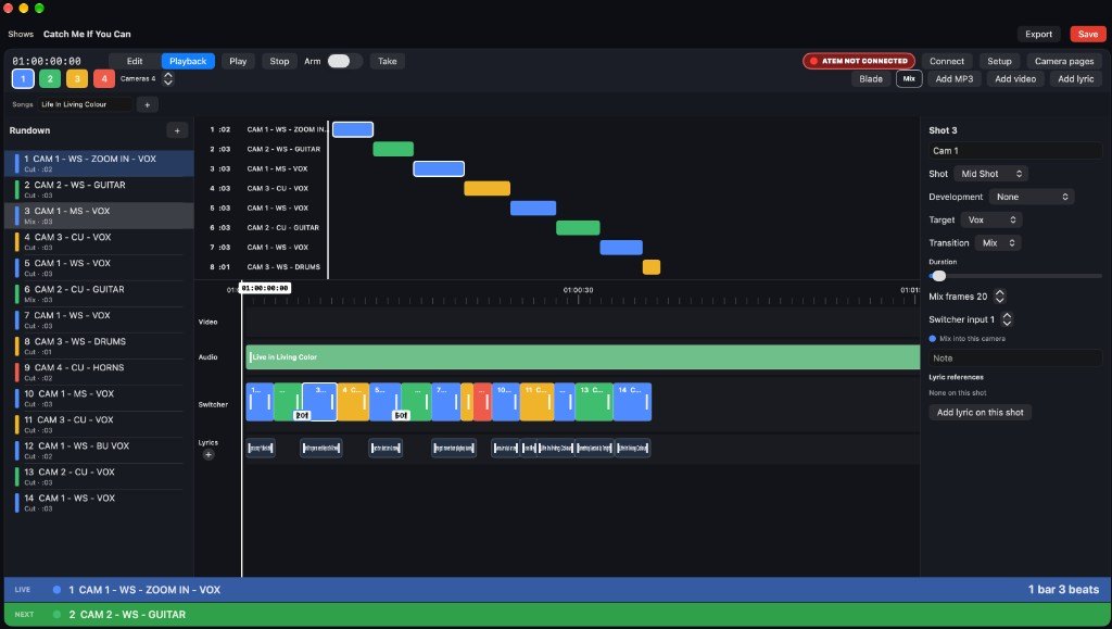 Live NiLE on the Mac, with the rundown, timeline, lyrics, and the shot about to be taken.