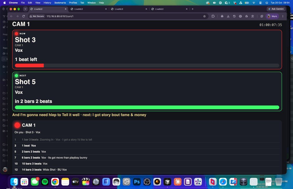 A Live NiLE camera page showing the current shot, the next shot, and the lyric.