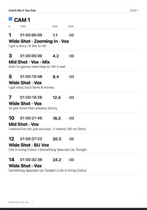 A Live NiLE camera card listing shots, timecode, bars, and lyrics.